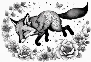 fox falling in the air suraounded by flowers growing out of her back tattoo idea