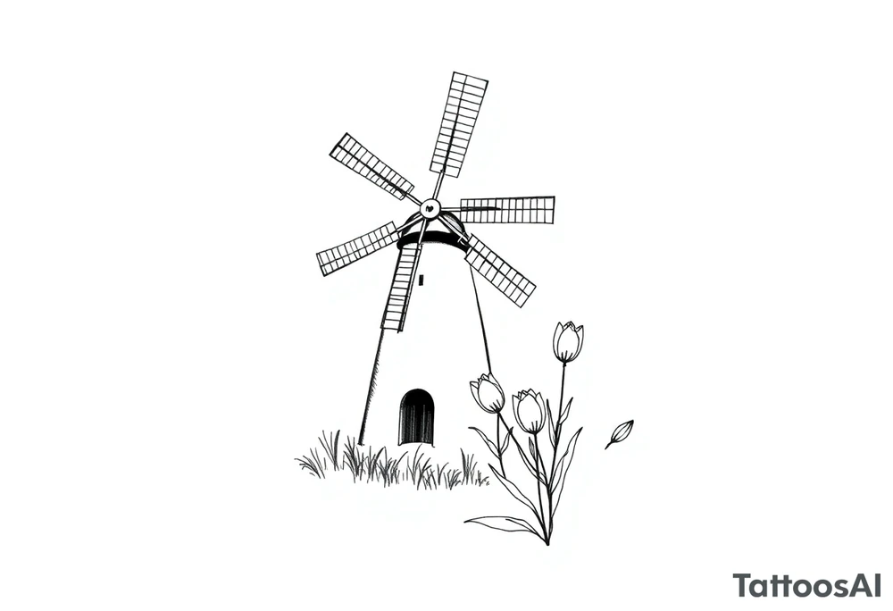 Dutch windmill with tulips tattoo idea
