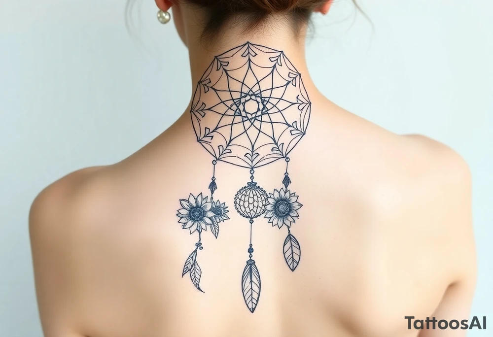 Dreamcatcher with zodiac symbols and protection runes caught in it with tigerlillies roses and sunflowers tattoo idea