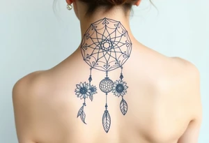 Dreamcatcher with zodiac symbols and protection runes caught in it with tigerlillies roses and sunflowers tattoo idea