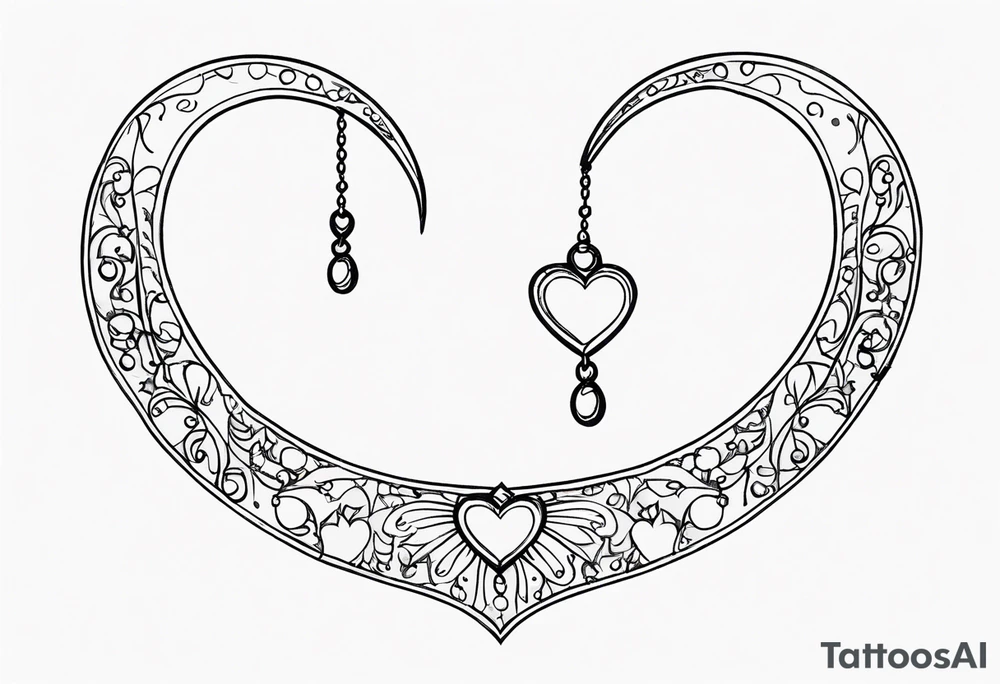 Crescent moon with heart shaped jewels dangling from it tattoo idea