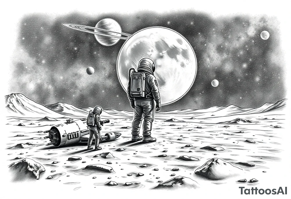 Full sleeve tattoo design for the right forearm, in realistic black and grey style.
The scene shows a lonely astronaut standing on the surface of an unknown planet, similar to the Moon’s landscape.
In front of him stretches a vast, mysterious universe filled with glowing planets, stars, and cosmic nebula light.
A few meters beside him lies a crashed and smoking spaceship, broken and damaged, showing clear signs of impact.
The image represents loneliness and survival — the moment when the astronaut realizes he is completely alone in an unfamiliar world.
The atmosphere should feel melancholic, cinematic, and deeply emotional, combining realism with fantasy.
Fine shading, detailed textures, and strong light-shadow contrast, designed to wrap naturally around the right forearm. tattoo idea