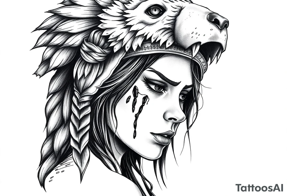 Beautiful Womans shedding a tear, with battle scars and blood on face, wearing a bear headdress on head tattoo idea