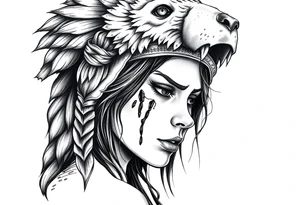 Beautiful Womans shedding a tear, with battle scars and blood on face, wearing a bear headdress on head tattoo idea