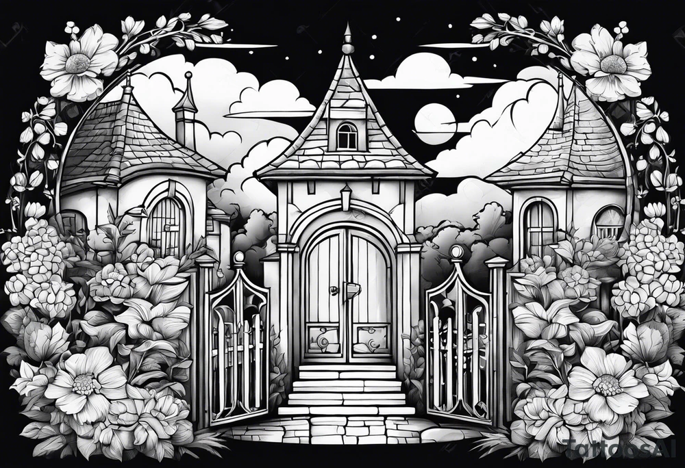 night medieval town garden small houses gate entrance
in circle vignette surrounded by clouds floral tattoo idea