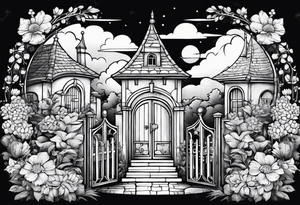 night medieval town  garden small houses gate entrance 
 in circle vignette surrounded by clouds floral tattoo idea