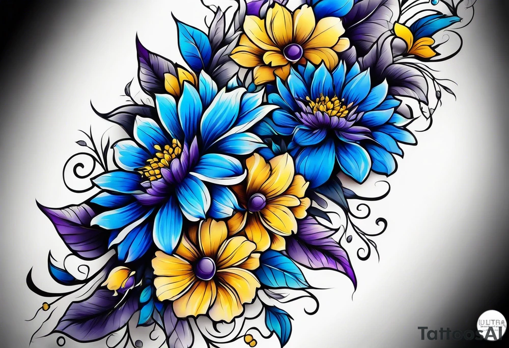 Blue yellow and purple flowers arm sleeve tattoo idea