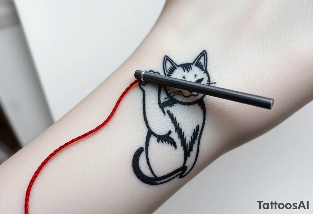 chinese chopsticks with a red thread by the end of it,
about 5cm long , 1 cm wide
it goes into the anterior part of the left wrist
besides the chopstick lies a chinese cat drawing waving its right arm tattoo idea