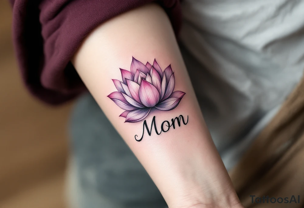 A lotus flower in pink or purple paired with the word “Mom” symbolizes beauty born through sacrifice and resilience. tattoo idea