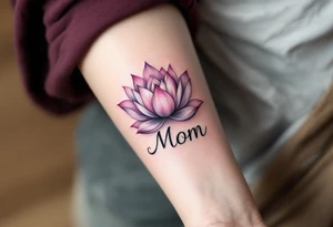 A lotus flower in pink or purple paired with the word “Mom” symbolizes beauty born through sacrifice and resilience. tattoo idea