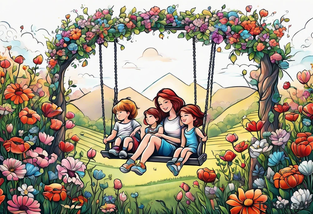 Mom with son and daughter on a swing in the distance in a field of flowers tattoo idea