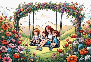 Mom with son and daughter on a swing in the distance in a field of flowers tattoo idea