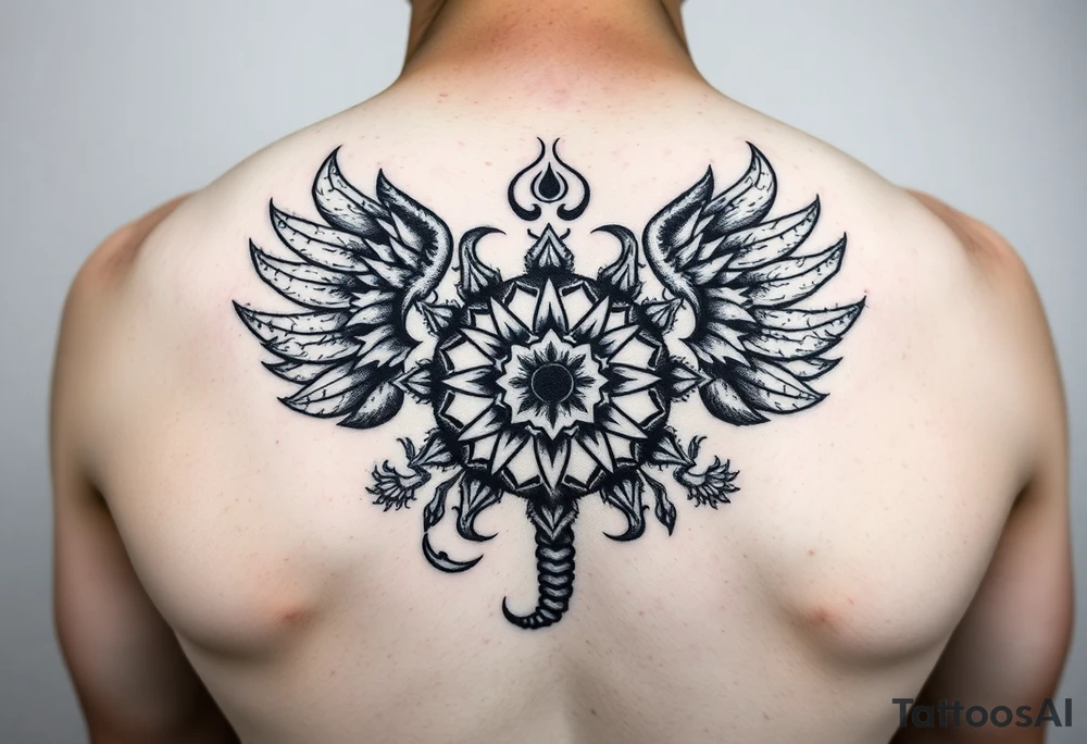 A stylized mandala incorporating elements of all three creatures. Scorpion tail forming the base, eagle wings creating symmetry, and phoenix feathers integrated as decorative patterns with flame textures. tattoo idea