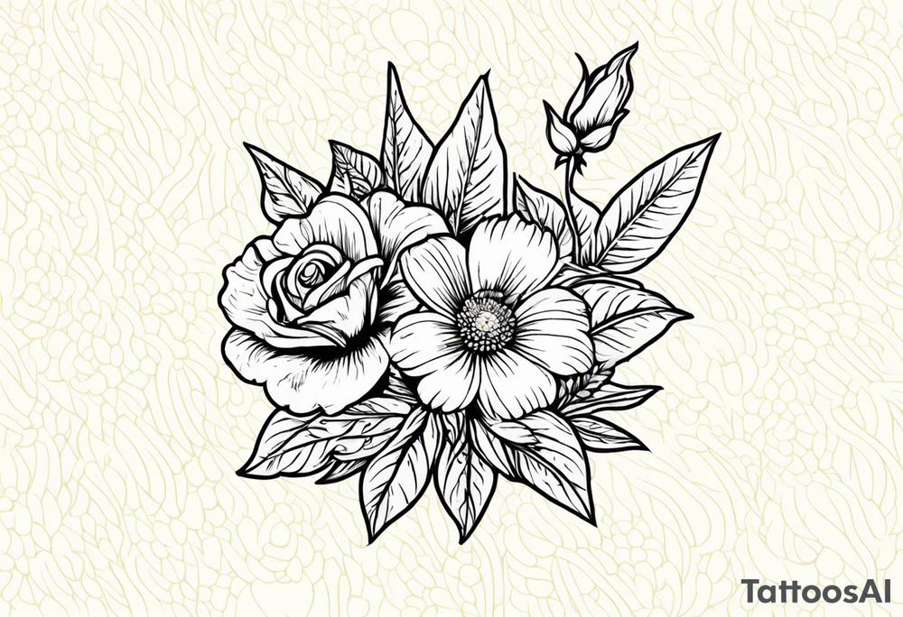 A daisy and a rose with gladiolus flowers weaving through tattoo idea