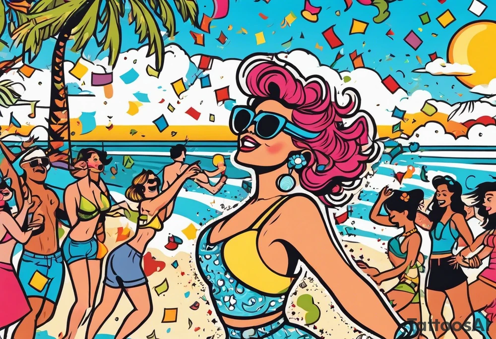 vintage beach dance party with music and confetti tattoo idea