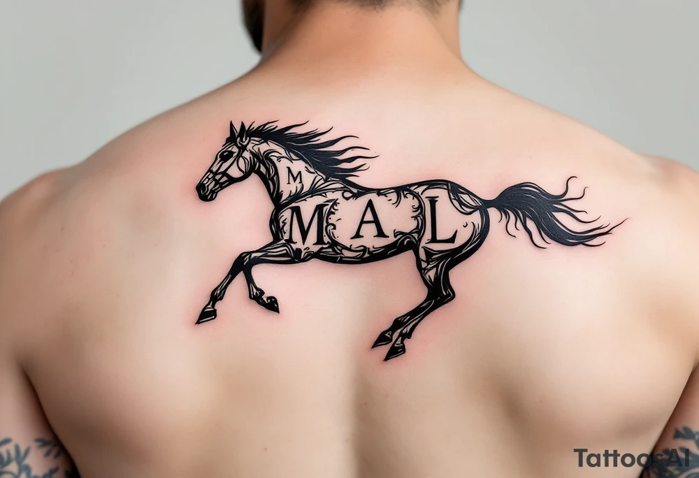 horse silhouette 
from the front which gallops towards us, with the 3 small letters discreetly integrated: M, A, L tattoo idea