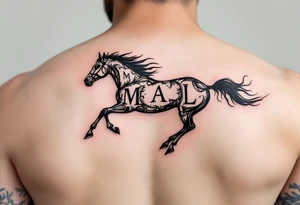 horse silhouette 
from the front which gallops towards us, with the 3 small letters discreetly integrated: M, A, L tattoo idea