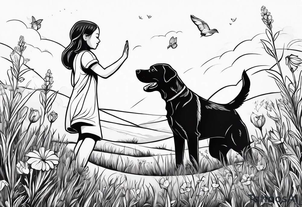 a girl giving high five to her labrador dog on a meadow tattoo idea