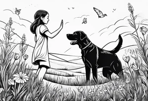 a girl giving high five to her labrador dog on a meadow tattoo idea