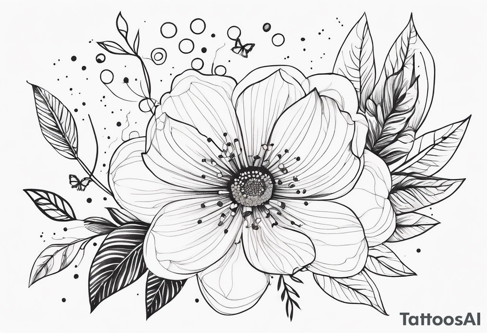 fine line floral with stars, swirls, dots tattoo idea