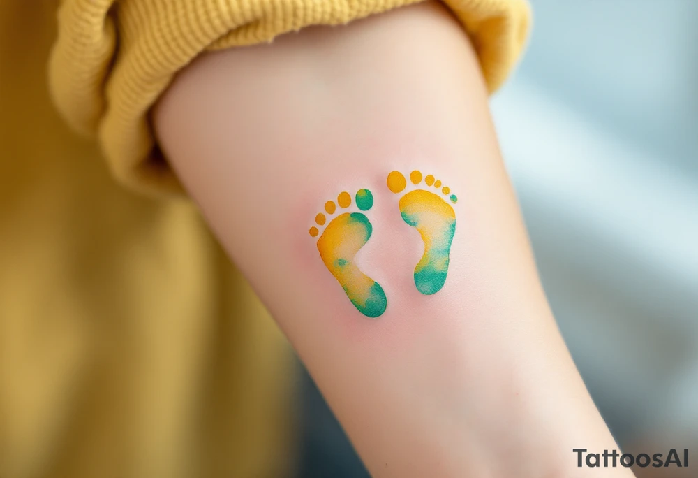 Bright yellow and mint green footprints of Roman, accompanied by a playful cloud, representing his free spirit. tattoo idea