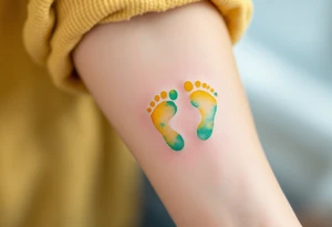 Bright yellow and mint green footprints of Roman, accompanied by a playful cloud, representing his free spirit. tattoo idea