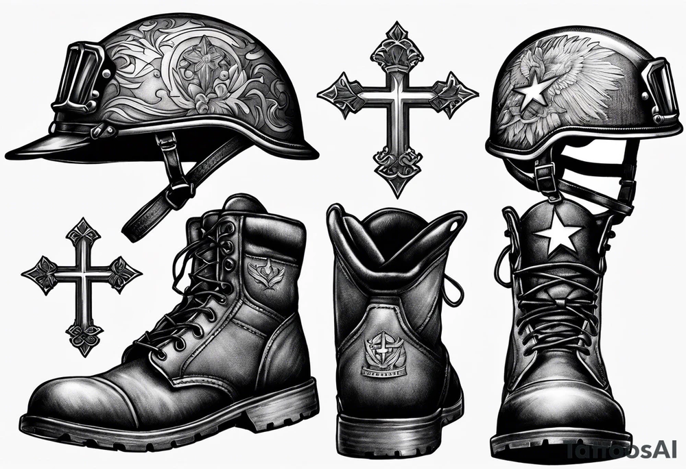 traditional battlefield cross with helmet, m-16 and boots tattoo idea