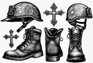 traditional battlefield cross with helmet, m-16 and boots tattoo idea