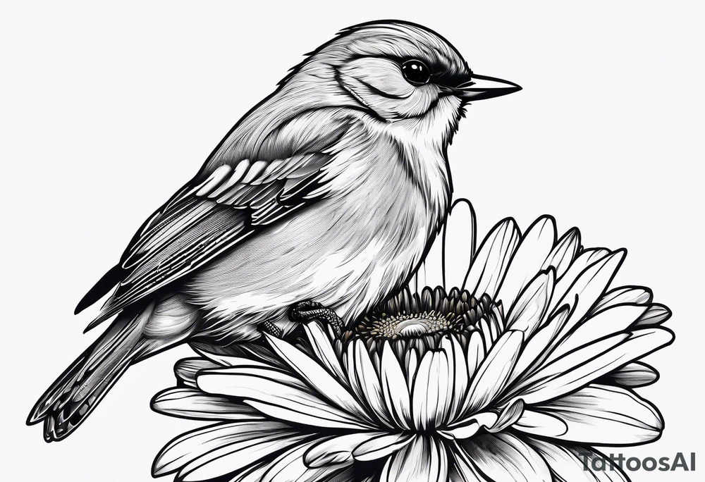 Little bird perched on a daisy flower. Fine line tattoo idea