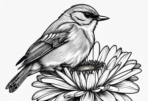 Little bird perched on a daisy flower. Fine line tattoo idea