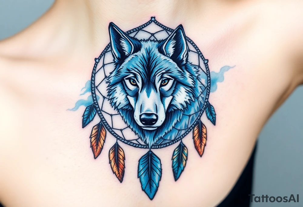 A dreamcatcher with a wolf’s face inside, with intricate feather patterns. The wolf’s fur is painted in cool tones of blue and silver, and the feathers are shaded in soft brown and gold tattoo idea
