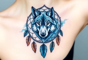 A dreamcatcher with a wolf’s face inside, with intricate feather patterns. The wolf’s fur is painted in cool tones of blue and silver, and the feathers are shaded in soft brown and gold tattoo idea