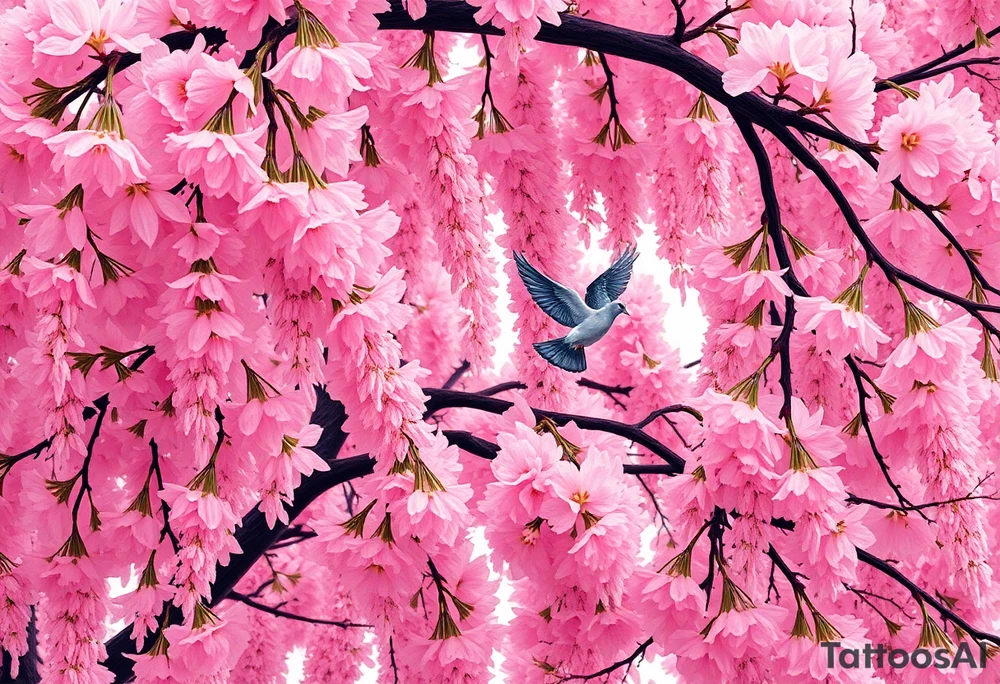 A big pink, weeping tree with huge  lushish leaves there are 2 doves. 1 is a flying into the sky. The second one is hovering above the ground that’s turning black like she stained with grief. Goth romance 
These are the dates I want dainty in the heavily overflow of weeping cherry blossom branches and leaves March 31, 2024 – July 2, 2024 tattoo idea