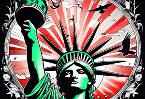 the statue of liberty with a skull for a face, and green dollar signs for eyes, with a red sun behind it with birds flying towards it tattoo idea