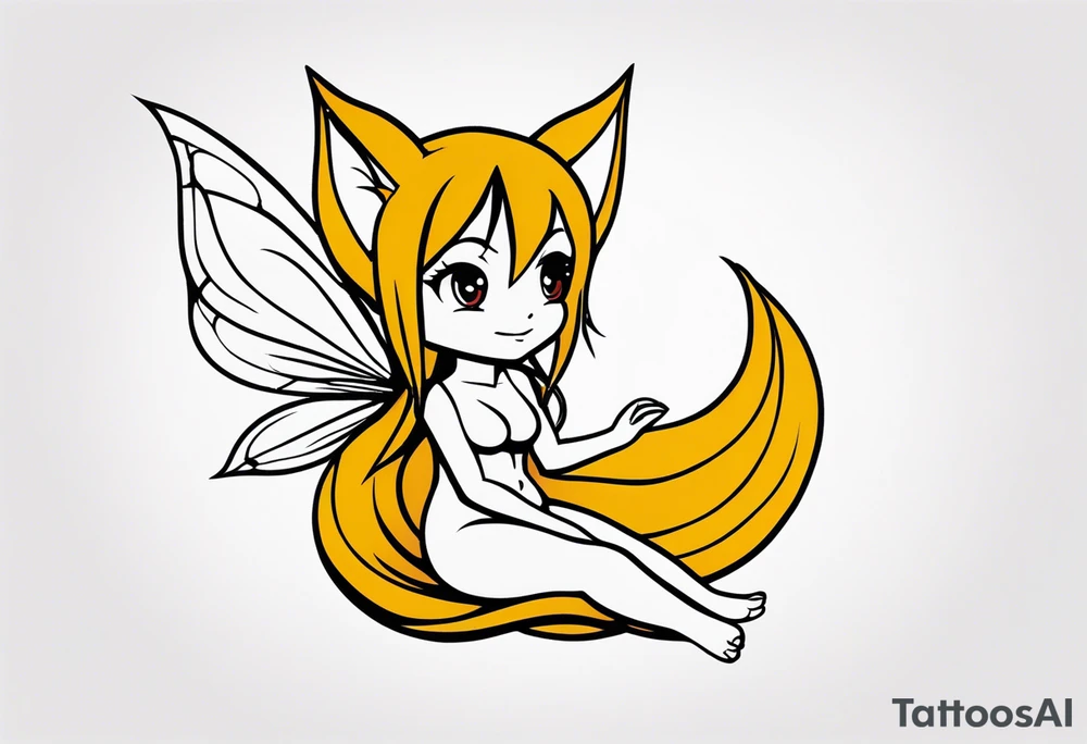 A fairy with a tail inspired by the logo of the show called Fairy Tail in a fetal position leaning in tattoo idea