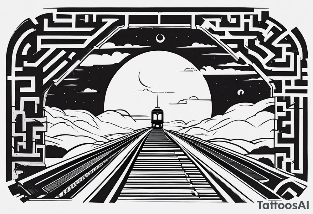 Maze with a train track in the middle. Sky cracking with moon of time tattoo idea