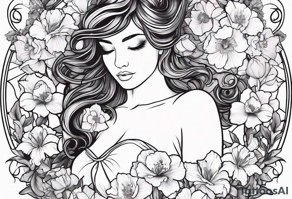 Female body outline surrounded by carnations
snow drops, iris, poppies, cosmos, and narcissus tattoo idea