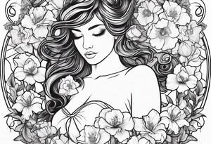 Female body outline surrounded by carnations
snow drops, iris, poppies, cosmos, and narcissus tattoo idea