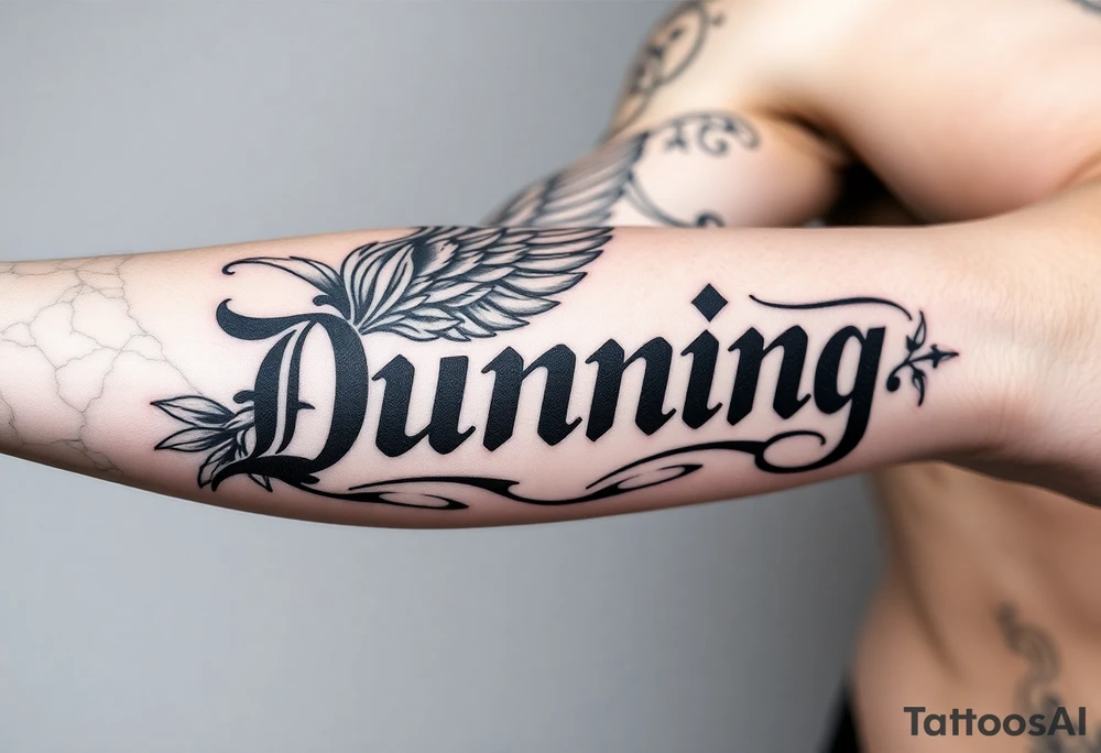 Last name Dunning, in Roman bold font in middle of forearm with background including leaves,angel wing going near elbow,tribal pattern. tattoo idea