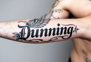 Last name Dunning, in Roman bold font in middle of forearm with background including leaves,angel wing going near elbow,tribal pattern. tattoo idea