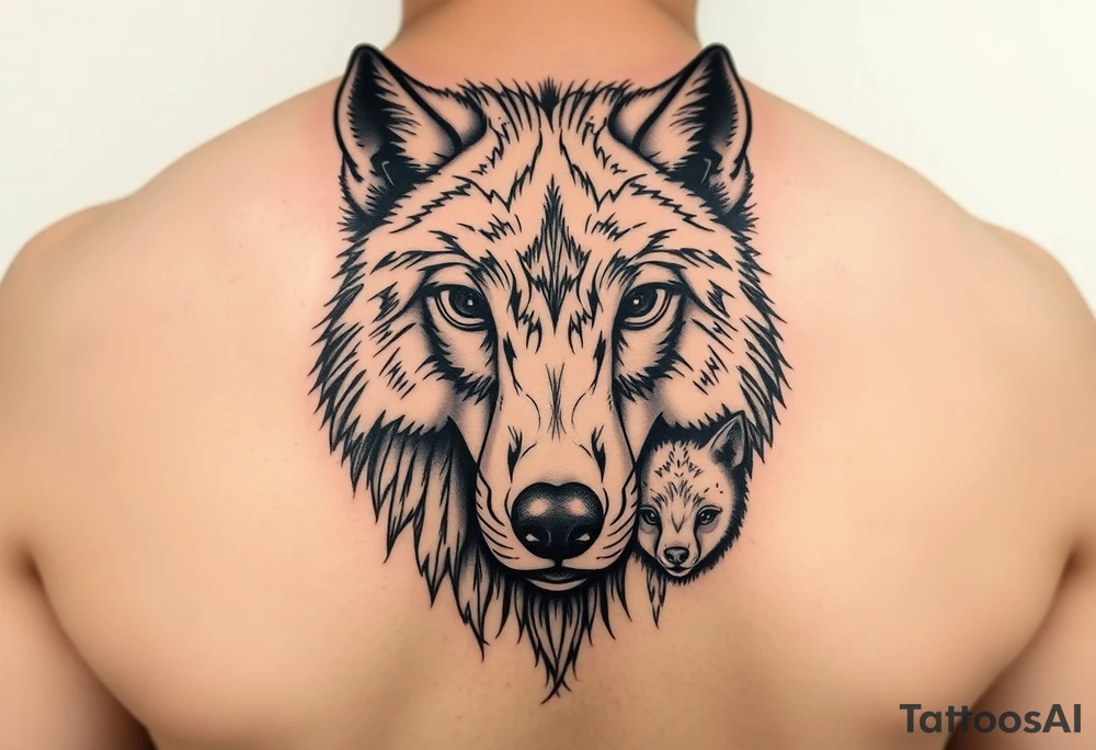 A solitary yet sublime and noble wolf and its progeny. the face tattoo idea
