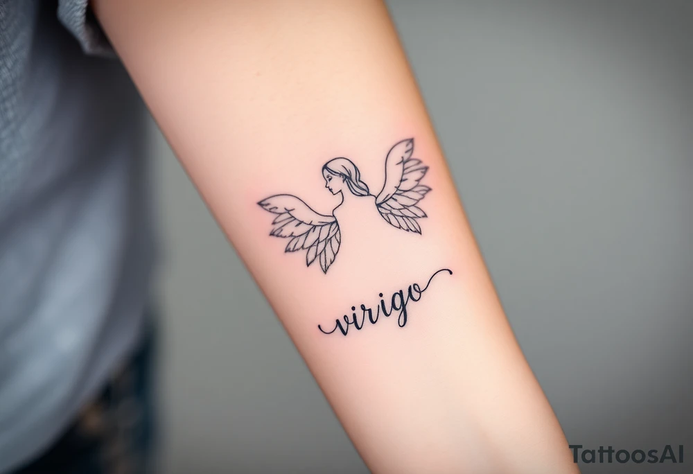 A divine woman with  wings made of delicate lace and vines, symbolizing Virgo’s purity and the word virgo tattoo idea