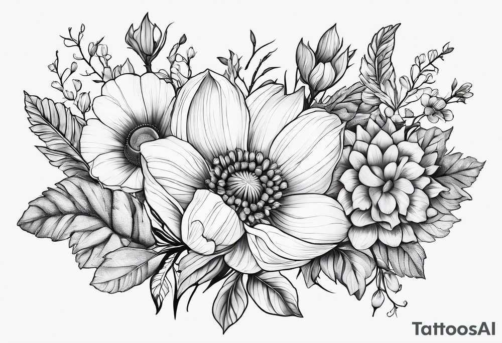 February and October and June birthflowers together small design for ribs tattoo idea