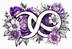 Infinity symbol with violet, rose, larkspur and aster birth flowers as one side of the symbol the date 8.30.1997 on the other side tattoo idea