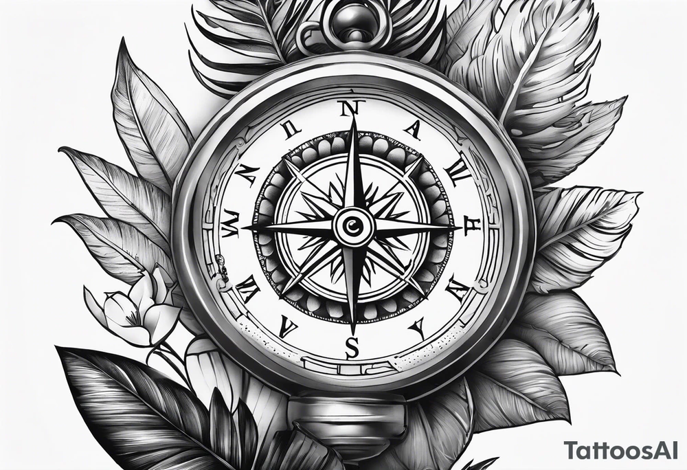 sleeve tattoo with jungle plants, compass, all-seeing eye tattoo idea