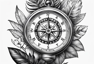 sleeve tattoo with jungle plants, compass, all-seeing eye tattoo idea