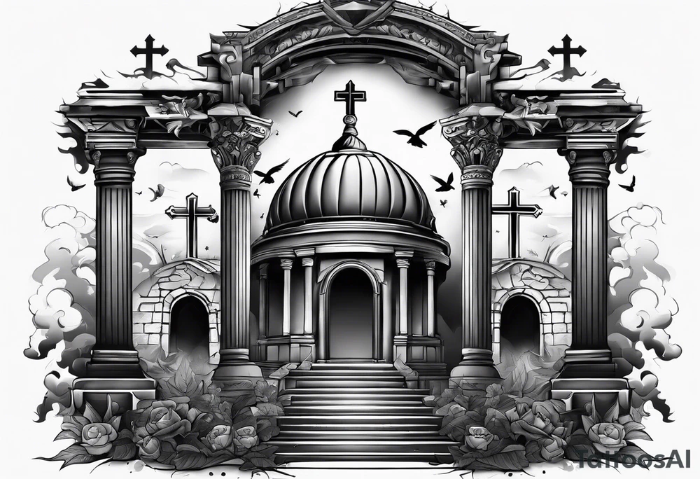 Tomb with smoke and crosses tattoo idea