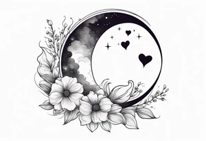 Crescent moon with a heart inside, shrouded by beautiful flowers with wisps of mist - hand tattoo tattoo idea