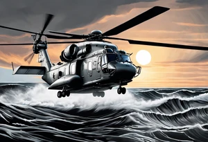 canadian military grey helicopter cyclone CH-148, a helicopter flying over rough water, Clear sky, sunset
, military art, ocean specular, highly detailed background, tattoo idea