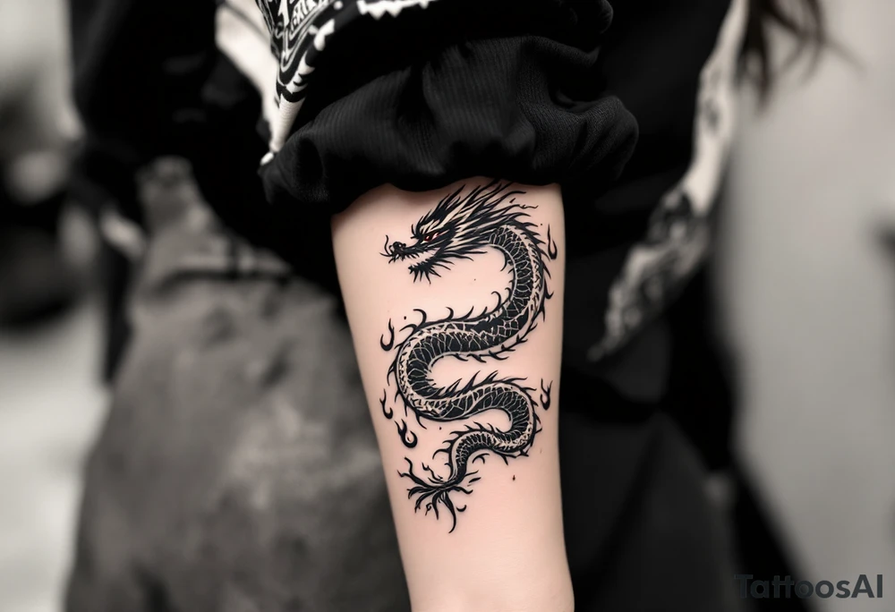 龙 (lóng, “dragon”) in crimson red paired with flames represents power, protection, and transformation. tattoo idea